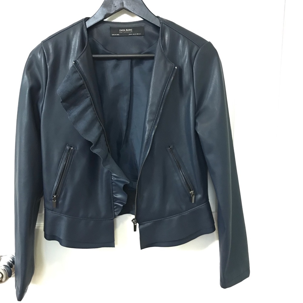 New, Zara Faux Leather Jacket with Ruffle Trim - Picture 5 of 9